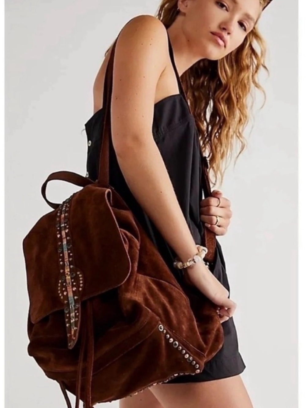 Free People Brown Suede Studded Drawstring Backpack